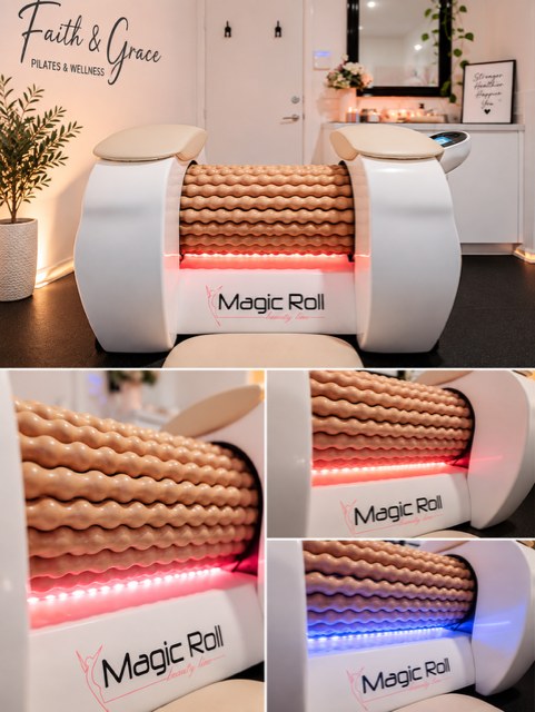 The Magic Roll roller massage machine in the studio, shown with its red and blue light settings