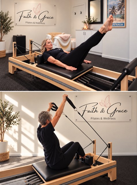 Clients working through reformer Pilates exercises beneath the Faith & Grace studio sign